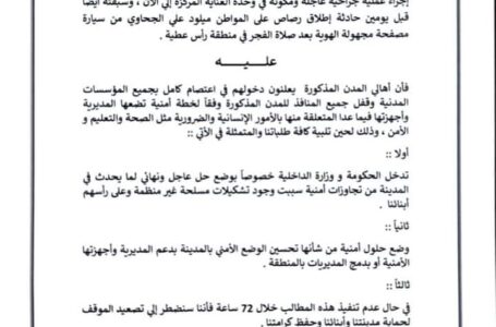 بلديات الجميل والمنشية ورقدالين وزلطن تطالب الداخلية بحل أزمة الانفلات الأمني في المنطقة