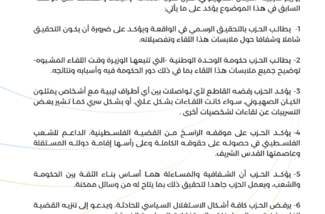 حزب العدالة والبناء يطالب بالتحقيق في لقاء المنقوش مع وزير الكيان الصهيوني وتوضيح ملابساته من حكومة الوحدة الوطنية